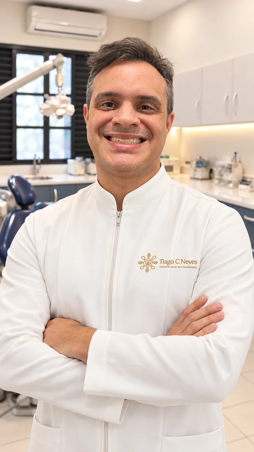 Dr. Tiago C. Neves sorrindo, usando jaleco branco